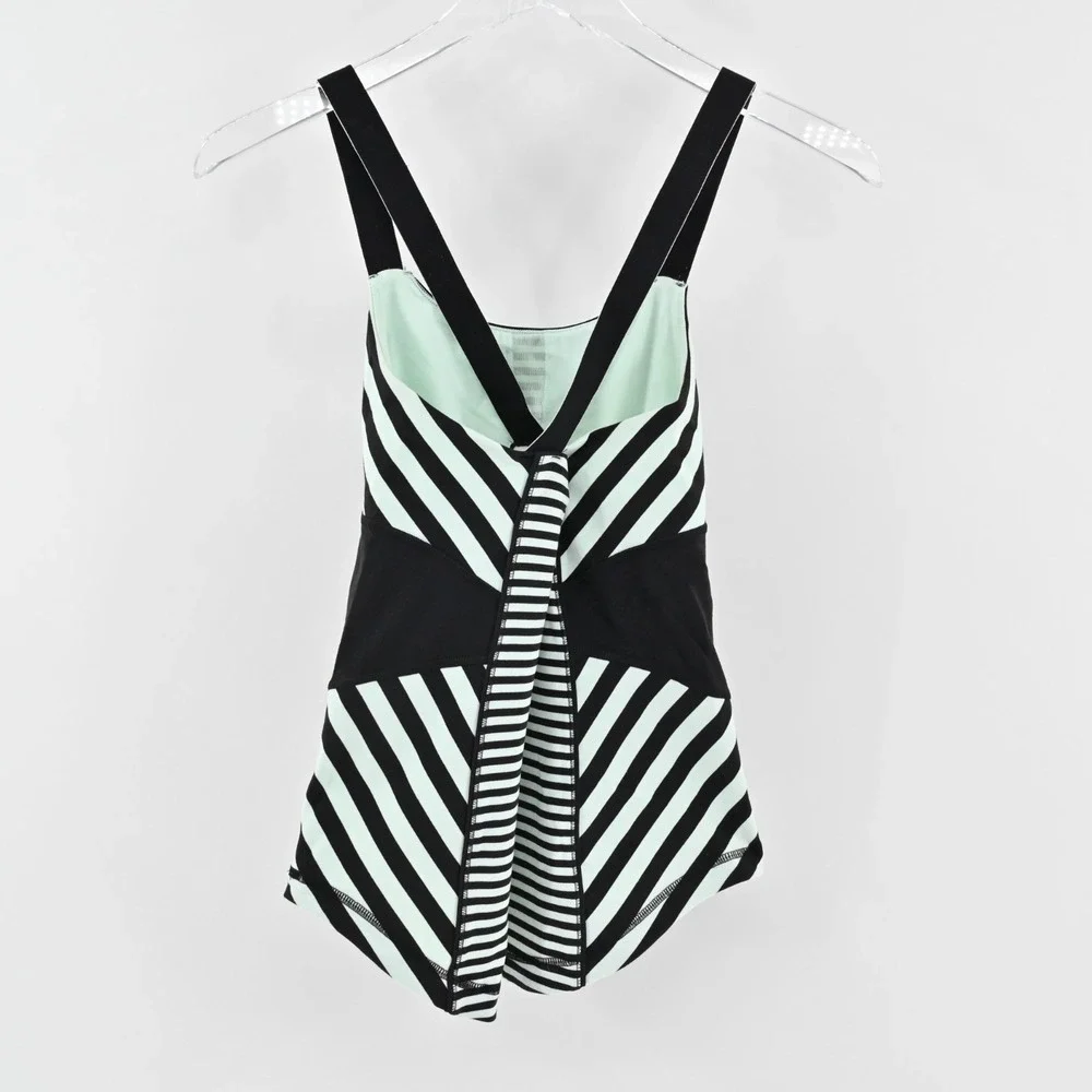 Lululemon Womens Work It Out Tank Top Size 4 Black Mint Green Stripe Logo Active